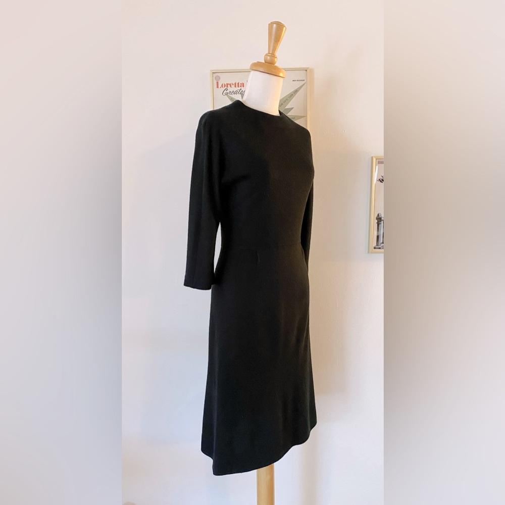 Vintage 1960s COZY Lois Young Double Knit 3/4 Sleeve Black Pencil Dress XS S